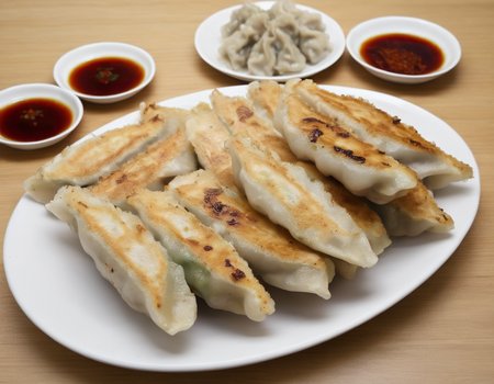 A delectable presentation of gote (dumplings) beautifully arranged on a plate. The gote are golden brown, freshly cooked with visible pleats, and garnished with herbs or a dipping sauce. The plate is set on a table with elegant tableware, perhaps with chopsticks or a traditional serving spoon. The scene should be as vivid and appetizing as a high-resolution photograph in a gourmet magazine, with warm and inviting lighting that emphasizes the texture and color of the gote , the shine of the sauce, and the elegance of the presentation, <lora:GT:0.75>,