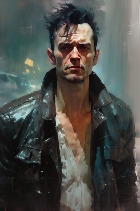 <lora:Sam Spratt Style:1>Sam Spratt Style - a painting of a man in a leather jacket, in the style of dmitri danish, expressive character designs, jeremy mann, comic art, spare and elegant brushwork, patrick woodroffe, transparent/translucent medium