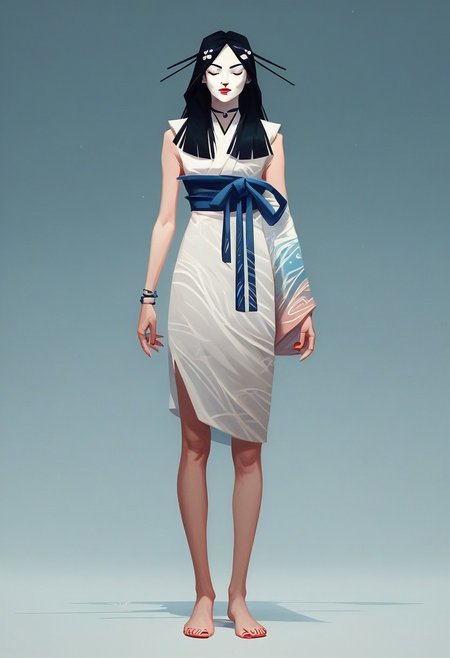 score_9,score_8_up,score_8,score_9,(((pastel colors, high contrast,expressiveh,solo focus, ))), (1girl, standing, looking at viewer)  rimlight, asian, Kuroku, Japanese clothes, white clothes, sleeveless, black hair, long hair, red lipstick, hair ornament, museum background, blue sash, one sleeve, hud_m3dit4tion, indian style, sitting, on floor, facing viewer, barefoot, closed eyes,