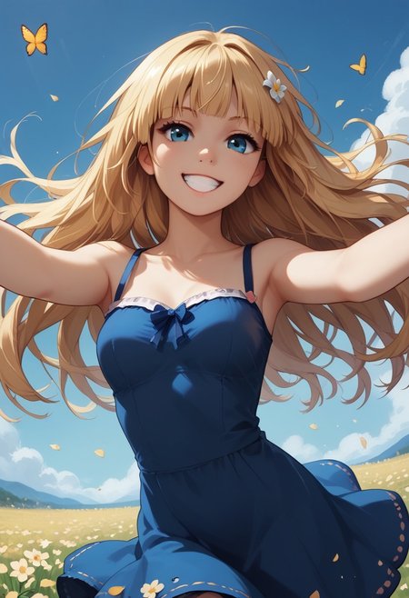 score_9, score_8_up, score_7_up, score_6_up, score_5_up, 1girl, solo, Sana Kashimura, Dutch angle, close to viewer, big smile, arms outstretched, running through a field of lilacs, petals everywhere, butterflies everywhere, cinematic, blue sky, summer dress, flowers in hair, masterpiece, in motion, motion blur, film grain