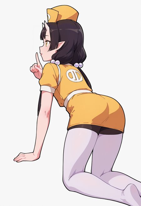 Smooth Quality,masterpiece,very intricate, high quality details, ultra realistic, high detailed skin,detailed enviorement,absurdres,
shushing,solo,
 <lora:Care_Resumisu_CNR:0.8> care_cnr, 1girl,black hair, pointy ears, long hair, yellow eyes, oni, low twintails, skin-covered horns, bobbles, 
care_yellow_cnr, yellow dress, white pantyhose,short sleeves,hat, hair ornament, hair bobbles, nurse cap,, simple background, white background, from behind,
kneeling pose, one hand on the ground, other hand reaching forward, focused gaze, tense muscles,  ,, button-up vest, ,pullover,,bike shorts,  ,, :i,