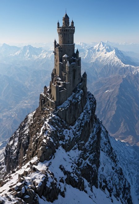 <lora:TheWeirdies_epoch_10:0.55>  , advntr , epiCPhotoGasm-colorfulPhoto, 
score_9, score_8_up, score_7_up, score_6_up
Durlag's Tower was  hollowed out the mountain for the rock that made up his tower and used the space created to hide further treasure. This local landmark was the isolated keep of within the remains of the tower and used the defenses created by Durlag to keep both itself and the treasure safe. Some claimed that this creature was a lich.
no humans
(Tower fortress high on the highest peak of the highest mountain with all other sharp and snowing peaks far below . The tower looks out over a side vista of the tops of countless mountains in a huge range like the Himalayas, snow and frost cover every surface. ) ((maximum detail, supreme quality, 4k, best clarity))