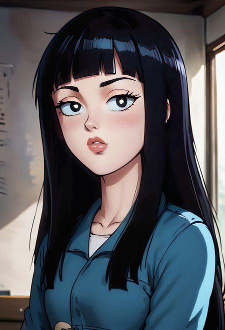 (ultra HD quality details), Detailed illustration, score_9, score_8_up, score_7_up, score_6_up, PRSNL, w_g_f, uncensored , pupils black dots, 1girl, lips,
 future mai, long hair, black hair, bangs, black eyes,
Warm light, indoors,
((Upper body)),