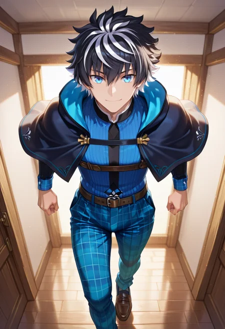 masterpiece, best quality, intricate details, (photorealistic:0.6), , 1boy, solo, male focus, <lora:charlemagne_fate_ilxl:1>, charlemagne_fate, black hair, blue eyes, multicolored hair, white hair, two-tone hair, short hair, hair between eyes, bangs, streaked hair, , straight-on, prairie, indoors, light, (dynamic pose:1.2), smile, Plaid golf pants, Plaid Vermilion Gingham Thermal Henley shirt, Boat shoes, , Poncho