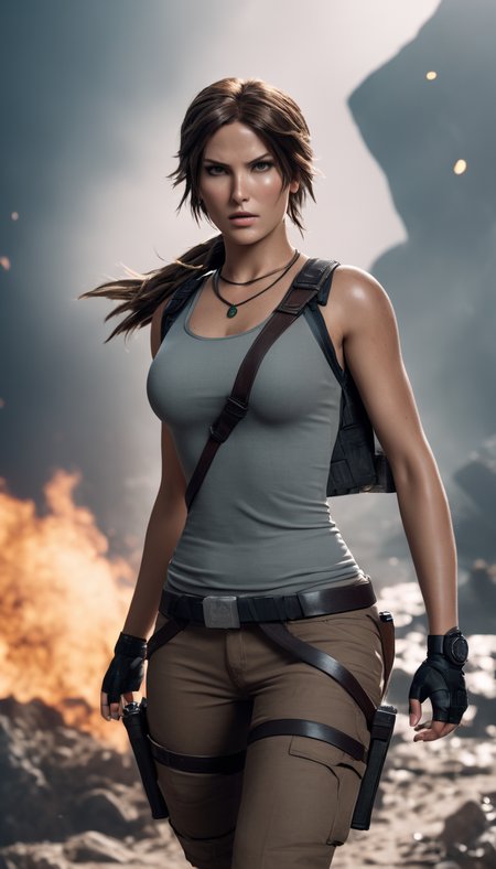 cinematic photo Cinematic scene, hero view, Lara Croft <lora:lara_croft_xl_v2:1>, action pose, detailed background, masterpiece, best quality, high quality, highres, absurdres  . 35mm photograph, film, bokeh, professional, 4k, highly detailed