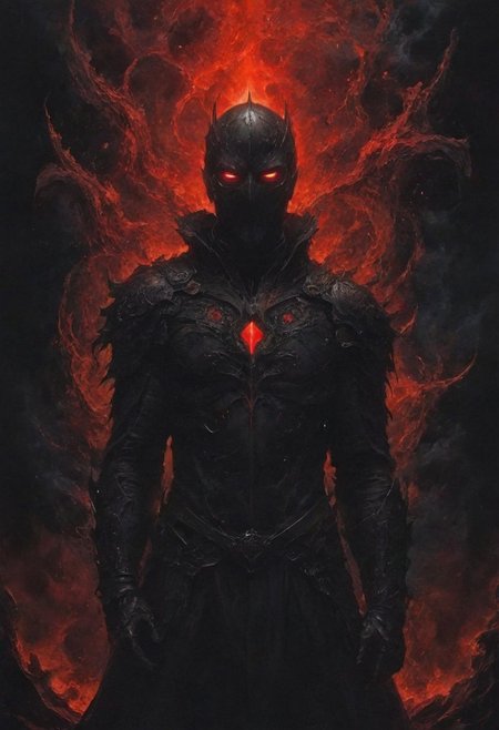 deep endless black, a man standing alone in the void, Eldritch, a knight in armor of the deepest black, tidal waves of crimson, desolation, a mask that hides his essence, evil villain, (high contrast, deep shadows, glowing red accents)