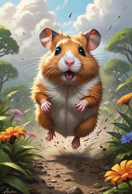 a complex illustration of a mighty  cloudy Jungar hamster|tiger in the jungle, running very fast towards the viewer, trees and flowers, in a huge cloud of dust, aggression, plump, hyperrealistic scene, heavy rain, detailed focus, art by Aaron Jasinski, epic fantasy scene, bright colors, Enchanted masterpiece, Fantasycore, Award-Winning, Masterpiece, contrasting, faded, <laura:Devastation:0.5>