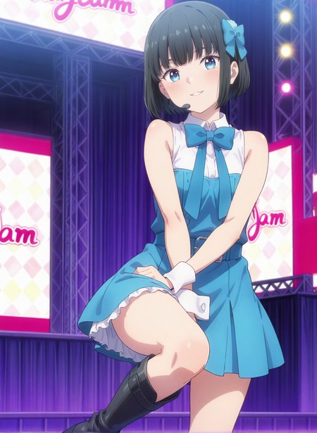 High quality,Ultra detailed,best quality,insanely detailed,beautiful,masterpiece,absurdres,very aesthetic,sensitive BREAK
1girl,solo,<lora:matsuyama_sorane_V1_IL:1>,(matuyama_sorane, black hair, short hair, bob cut, blue eyes, bangs, small breasts),(hair bow, idol, sleeveless, white shirt,wrist cuffs,blue dress,knee boots,blue bowtie),oshi ga budoukan itte kuretara shinu,looking_at_viewer,posing,smile,indoors,<lora:chamjam_stage_V1_IL:1>,stage,chamjam_stage,headset,