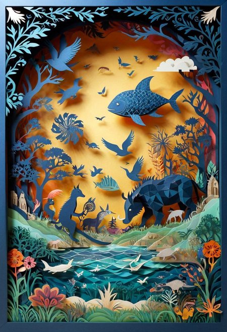 3D papercut shadow box of a parallel universe where animals have evolved to use technology, Patchwork Style, layered, dimensional, depth, silhouette, shadow, handmade, by various contemporary artists. 
concept-art, fantasy, epic, majestic, magical, dreamy, perspective, light and shadow, moody, epic, 
beautiful, painterly, aesthetic, textural, vivid, vibrant, intricate details, highly detailed, ultra-detailed, absurdres, 
aid291, ptchkrawk , paper-cut