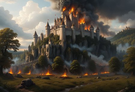 A Gothic castle with spires that reach towards the clouds, surrounded by a dark and mysterious forest,, Spotlighting, besieged by army, fires burning, thousands of soldiers storming ramparts, castle on fire, hundreds of archers shooting arrows, battle raging, ambient occlusion, 8K, RTX 3090, trending on artstation, lumens  <lora:SDXLFaeTastic2400:0.8>  <lora:EnvyFeverDreamXL01a:0.7>   <lora:The_Classic:0.8>