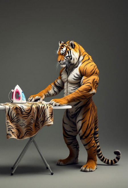 A surreal photo of a muscular, humanoid tiger standing upright with a human-like posture. The tiger is standing next to an ironing board and is ironing a tiger-patterned cloth. The background is a smoked muted gray. The tiger's tail is curled up, and it has a focused expression on its face.