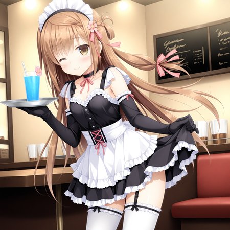 <lora:Mashiro_Yuka_1_nai-000041:1>,Mashiro Yuka,braid,hair ribbon,pink ribbon,hair flower,pink flower,
maid,elbow gloves,white thighhighs,maid headdress,garter straps,waist apron,black gloves,frilled thighhighs,white apron,frilled skirt,black skirt,sleeveless,pleated skirt,frilled apron,miniskirt,neck ribbon,red ribbon,white frills,black choker,black dress,
BREAK
1girl,solo,smile,indoors,holding plate,drink,one eye closed,restaurant,looking at viewer,skirt lift,