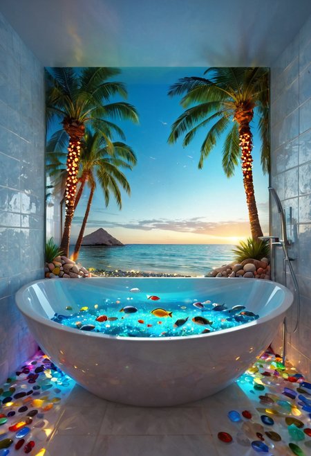 a whole shore inside the bathtub, bathroom, underwater illumination, deep water, ocean, sea, multicolored glass pebbles, transparent, glowing, reflection, fish, sky, sun, shore, palm tree,