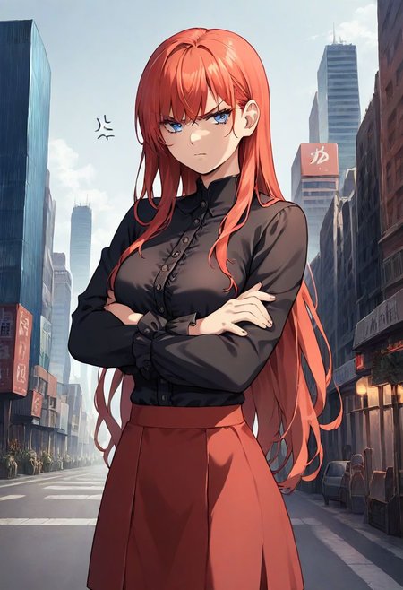 score_9, score_8_up, score_7_up, source_anime, official artstyle, by Ichan01, 1girl, solo, long hair, bangs, blue eyes, annoyed face, black blouse, red skirt, cowboy shot, crossed arms, city, outoors, detailed face