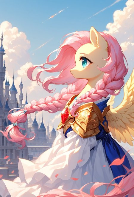 core_9, score_8_up, score_7_up, score_5_up, source_anime, (masterpiece, ultra-detailed, cinematic lighting), pony, Fluttershy, side profile, (dynamic pose), soft and feminine facial features, delicate and expressive amber eyes, long flowing pastel-pink hair braided elegantly, fluffy fur, (elegant wings), wearing intricate golden armor with glowing red gem centerpiece, warm light reflecting on the armor, dramatic and regal pose, gloomy cityscape in the background with tall gray buildings, foggy and mysterious atmosphere, muted and soft color palette.