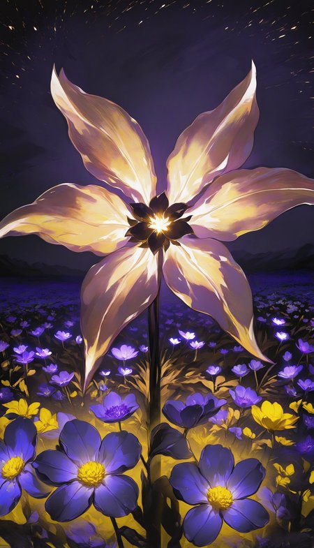 no humans, plant focus, general,

night, dark, purple theme, yellow theme,

flower field, purple flower, yellow flower, glowing flower,

photo \(medium\), symmetry, gradient,

best quality, very awa, highres, newest