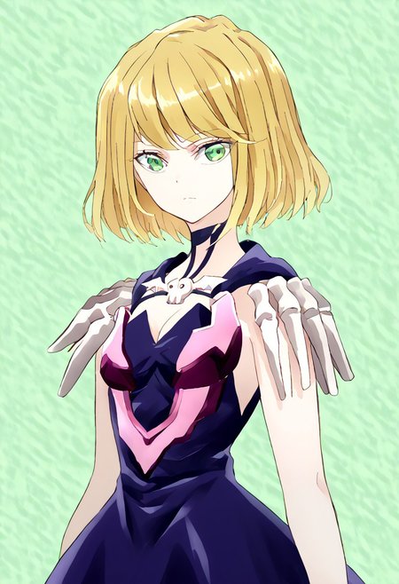 score_9, score_8_up, score_7_up, score_6_up, score_5_up, score_4_up, source_anime, 1girl, solo, 
Desumi_Shinigami, blonde hair, green eyes, short hair, dress, 
masterpiece, best quality, very aesthetic, absurdres,