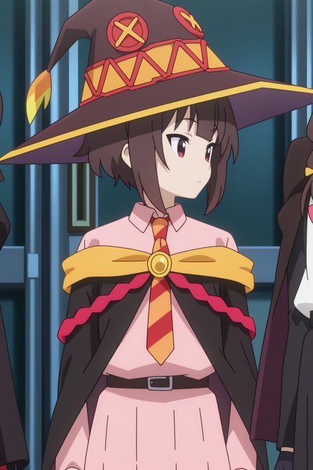 upper body,  Megumin, black belt, black cape, black cloak, black gloves, black headwear, cloak, pink dress, school uniform, striped necktie, witch hat, brown footwear  <lora:Konosuba_Bakuen_-_Megumin_-_illustrious:0.8>