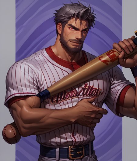score_9, score_8_up, realistic, rating_questionable, bif, facial hair, beard, 
<lora:clothes_baseball-uniform-ponyxl-lora-nochekaiser:.7> baseball uniform, baseball, striped belt, shirt under shirt, sportswear, ribbed shirt, baseball helmet, baseball bat, baseball jersey, baseball field, holding baseball bat,
<lora:face_Adray_Lasbard:1>, AdrayLasbard, mature male, grey hair, short hair, red eyes, facial hair, mustache, muscular, arm tattoos, 
glossy skin, 1 muscular male, handsome, short hair, detailed background, bara,, mature,
<lora:egg_leonard-04:.4><lora:style_Concept Art DarkSide Style LoRA_Pony XL v6:1><lora:slider_skin tone slider_last:-1>,<lora:slider_Body Type_alpha1.0_rank4_noxattn_last:1>