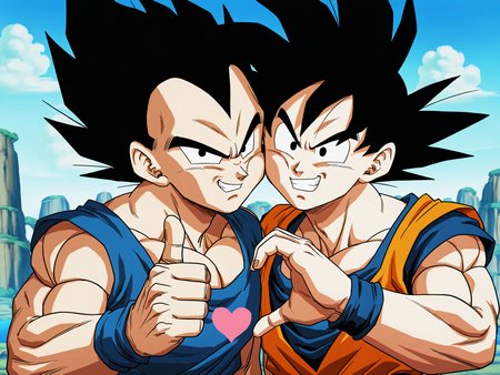 2boys, son goku, vegeta, dragon ball z, standing, facing viewer, cheek-to-cheek, upper body, smile, angry, thumbs up, heart hands failure, 
masterpiece, best quality, great quality, high quality, highres, offcial art, absurdres, very aesthetic, game cg, anime screenshot,