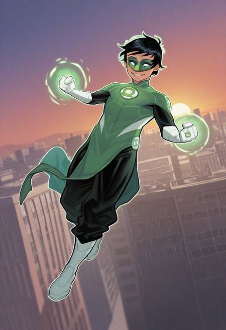 masterpiece, absurdres, high quality, perfect anatomy, 1boy, solo, cute boy, male focus, TaiPham, Black Hair, Green Lantern Ring, Green Lantern Costume, Green and Black Bodysuit, Green Domino Mask, White Eyes, White Gloves, Pelvic Curtain, Black Pants, White Shoes, Glowing Green Outline, Green Energy Aura, floating, levitating, big smile, cinematic, intricately detailed illustration, depth of field, masterpiece, best quality, amazing quality, very aesthetic, absurdres, newest, very awa,  shadow, dynamic angle, casual cosplay, dynamic pose, flying, city, sunset,