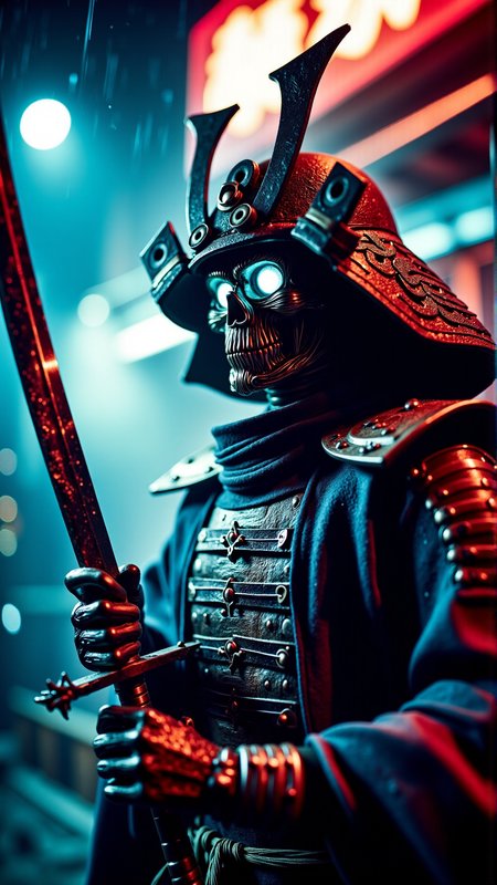 A realistic photo of a halloween Robotic samurai in futuristic Tokyo, neon lights, rainy night, cyberpunk atmosphere, metallic textures, glowing eyes, action pose, sword held high, reflections, vibrant colors, bokeh background, sharp details, high contrast, dramatic shadows.<lora:DarkmosphericFlux:1>