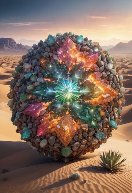 An awe-inspiring earth elemental made out of diamonds and rocks in an arid desert, sand, cactus, sun, prismatic, cinematic, colorful, style-nebmagic
