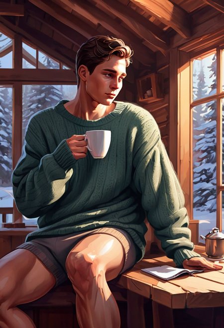 digital painting, sexy smooth male, oversized sweater only, (no pants:2.0), drinking coffee, lounging in a cozy winter cabin