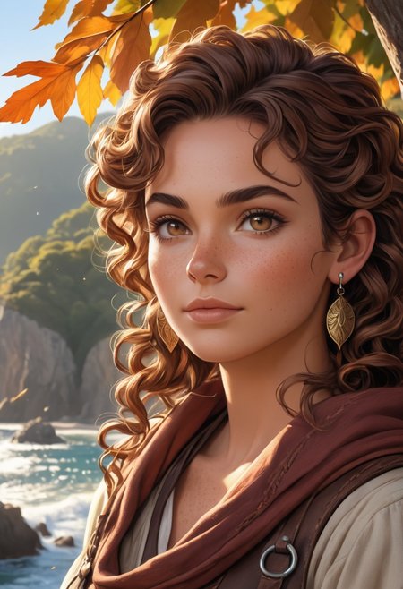 (photorealism:1.5)
female adventurer, curly brown hair, thoughtful expression, gazing at the majestic tree, falling leaves,  (feather earring), calm coastal village in the background, warm sunlight, vibrant colors, high contrast, hyper-realistic, serene atmosphere, pensive pose, detailed, high-definition, reflective mood, peaceful setting
slight freckles, long eyelashes, thick eyebrows,