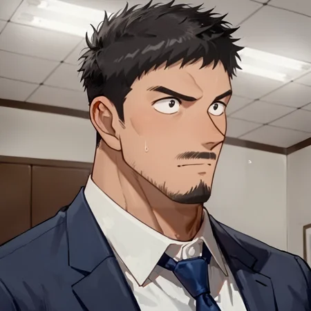 <lora:Ginzo_Nakamori__Detective_Conan_Delegated_Roles:.9>, Ginzo Nakamori, mustache, blue suit, white shirt, open clothing, blue necktie, undone necktie,
(very short hair, beard, bara, mature, facial hair, stubble, beard, full beard, sideburn, beard, a lot of beard, ), facial hair,male focus, muscular male, muscular male, bara, mature,  bara, mature, aixiwuganda_(20222192), very awa, masterpiece, best quality, absurdres, newest, perfect quality, detailed background, intricate details,
<lora:slider_Body Type_alpha1.0_rank4_noxattn_last:3><lora:style_Anime Summer Days 2 Style SDXL_LoRA_Pony Diffusion V6 XL:.6><lora:slider_cfg_scale_boost:.7><lora:Artist6p:.55>, Artist6p, Artist04p,<lora:slider_il_brightness_slider_d1:-1><lora:slider_il_contrast_slider_d1:-1><lora:slider_DarkSlider1.2_alpha1.0_rank16_full_300steps:-.6>