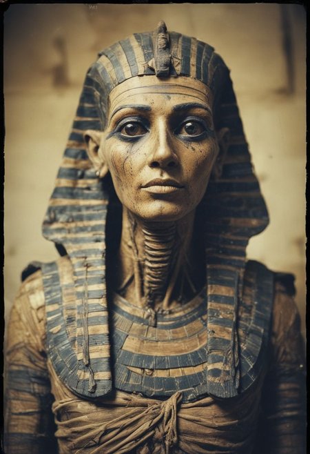 highly detailed and hyper realistic dynamic 35mm photo of The Egyptian Mummy, shot on polaroid film, cinematic still frame, film grain, shallow depth of field, creepy, crouched, faded colors, vintage, motion blur, high contrast, deep shadows, highly detailed and hyper realistic