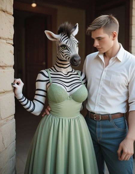 score_9, score_8_up, score_7_up, score_6_up, score_5_up, score_4_up, hud_z3bra, 1girl, 1boy, holding hands, breasts, dress,furry, furry female, green eyes, <lora:hud_z3bra_XLP:0.8>