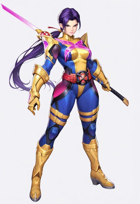 (score_9, score_8, score_7), masterwork, masterpiece, psylocke, 1girl, solo, beautiful eyes, beautiful face, detailed eyes, detailed face,
long purple ponytail, serious look, yellow armored boots and gloves, glowing pink chest insignia, red belt, cyber armor suit with sleek black and pink contour panels, anime hero design, full body. tight blue and yellow bodysuit, glowing pink butterfly symbol on chest, red X-emblem belt, metallic yellow gauntlets and boots, pink mesh panels on thighs, black contour lines on hips and torso, fighting pose, dynamic pose, dynamic angles
