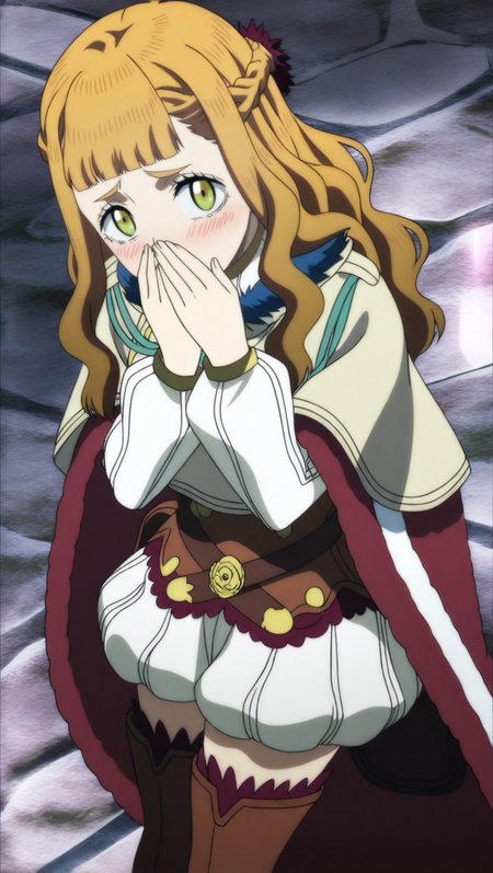 source_anime, masterpiece, best quality, amazing quality, anime screencap, high quality, 8k, absurdres, official style, 1girl, solo, looking at viewer, hands over mouth, blush, happy, standing, <lora:Mimosa_Spade_iL:1>, m1m054 spade, long hair, brown hair, green eyes, bangs, braid, french braid, magic knight outfit, beige capelet, white sweater, brown corset, white puffy shorts, thighhighs, thigh boots, high heels, cape, zettai ryouiki,
