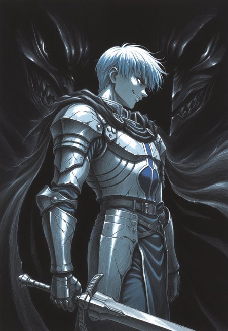 masterpiece, best quality, dark theme, 1boy,  1990s \(style\), 1994, traditional media, rough sketch, linear hatching, himmel the hero, villain pose, armor,  corrupted, kentaro_miura_style, smirk, sword, side view, solo