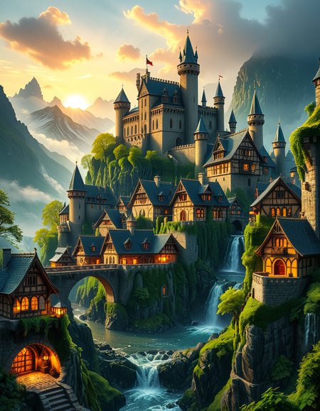 A breathtaking medieval fantasy city nestled in a lush valley, surrounded by towering mountains and dense forests. A grand castle with multiple towers and turrets stands atop a hill, overlooking the town below. The city consists of charming half-timbered houses with glowing windows, perched on rocky cliffs and connected by stone bridges over cascading waterfalls. The river flows through the village, reflecting the warm golden lights of lanterns and torches. Ivy and moss grow over the stone walls, adding to the enchanted, ancient atmosphere. The background features misty mountains with additional fortresses and watchtowers, partially hidden by low-hanging clouds. The sky is illuminated by a soft, warm sunset, casting a golden glow on the scenery, creating a perfect blend of realism and fantasy. Highly detailed, cinematic, and immersive, with a magical, fairy-tale ambiance.
<lora:SDXLFaeTastic2400:0.4> <lora:extremely_detailed:0.4> extremely detailed, <lora:medieval_f4nt4sy_c1ty:1>,medieval f4nt4sy c1ty, Masterpiece,best quality,hi res,8k,hi res,8k,award winning,(sharp focus, intricate, highly detailed),