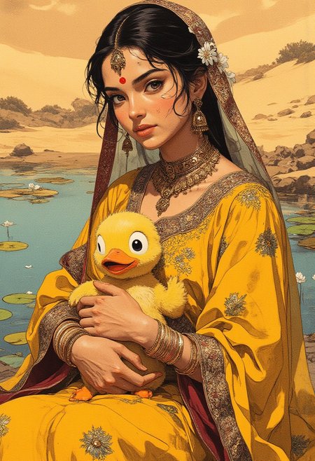 A hyper-realistic midshot portrait of a woman holding Psyduck, captured from a mid-angle view. She is the central focus, dressed in elaborate yellow North Indian regal attire—an embroidered lehenga with rich gold and maroon patterns, paired with a sheer silk dupatta that flows over her shoulder, edged in intricate zari work. Her look is completed with traditional jewelry: a gold choker, jhumkas, a nath, stacked bangles, and a maang tikka resting on her forehead. Her dark hair is neatly tied back and adorned with jasmine flowers, framing a face marked by calm confidence and soft expression, emphasized by a red bindi and subtle makeup. Cradled gently in her arms is Psyduck, whose wide, puzzled eyes and round yellow form contrast playfully with her grace. The background, softly blurred to keep attention on them, shows a quiet desert pond where water lilies and duckweed float on the surface, adding a serene touch to the golden sands. The composition draws all attention to the emotional connection between the woman and Psyduck, highlighting warmth and surreal charm.