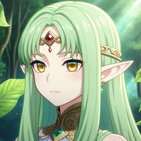 mana_sk style, portrait, focus on face, a noble elf warrior girl with long, flowing emerald green hair and piercing golden eyes, wearing an elegant silver circlet with leaf motifs, her expression calm yet resolute, soft forest light highlighting her sharp features, faint silhouettes of ancient trees in the background, Japanese RPG style, serene and majestic atmosphere, intricate details on her circlet and hair