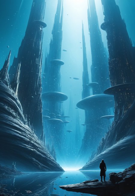 Roger Dean-inspired creative scene of an extraterrestrial civilization. At the center of the image stands a magnificent and awe-inspiring alien city rising from an endless expanse of interstellar ocean, seemingly transcending Earth's architectural artistry.
The city is composed of transparent crystal and metals that shimmer with various colors of light. They intertwine and cross, forming a complex and intricate network structure. The appearance of the city presents a unique style where fluidity and static beauty coexist, resembling a living piece of art, with each wall continuously changing its shape and color, displaying endless vitality.
A part of the city floats in mid-air, supported by delicate energy fibers that sway gently with the wind, emitting soft and pleasing sounds. From here, one can clearly see that the interior of the city is filled with lush botanical gardens and crystal-clear bodies of water, perfectly integrated into their surrounding environment, adding a touch of vitality to this alien civilization's home.
 (8k uhd:1,4)
(((full-clothed))),
 <lora:add-detail-xl:1>
 <lora:Dynamic Poses:1>
