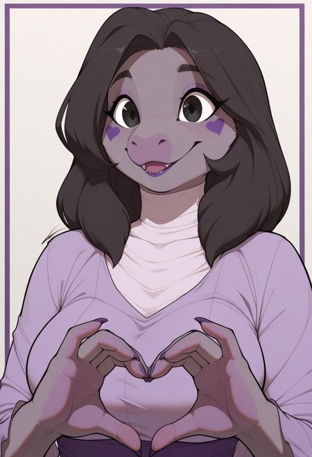 1girl, solo, medium build, medium hair, sfw, safe for work, covered skin, flowy dress,  black eyes, purple lipgloss, smiling, portrait, upper body, heart hands, foreshortening, detailed, newest,dredjir, furry female, furry, anthro