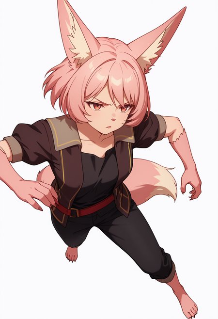 Smooth Quality,masterpiece,very intricate, high quality details, ultra realistic, high detailed skin,detailed enviorement,absurdres,
simple background, white background, dancing, solo,from above,
 <lora:Til_CNR:0.8> til_cnr, 1girl,pink hair, short hair, bangs, red eyes, animal ears, fox ears, animal ear fluff, fox tail, furry female, animal hands, claws, black shirt,open jacket,puffy short sleeves,black pants, belt,barefoot,, annoyed,, :<,