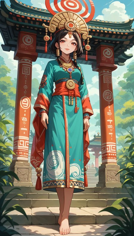 score_9, score_8_up, score_7_up, Anime Style, Full Body Shot, girl, hindu goddess, cute, seductive, innocent, light smile:0.3, plump lips, slender body, barefoot, looking curious, hindu temple background, depth of field, dynamic angle, fashion photography, sharp, hyperdetailed:1.15