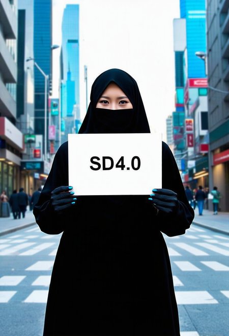 A very beautiful woman with a pretty face and a perfect body, wearing burka, holding a sign saying "SD 4.0", in a futuristic city