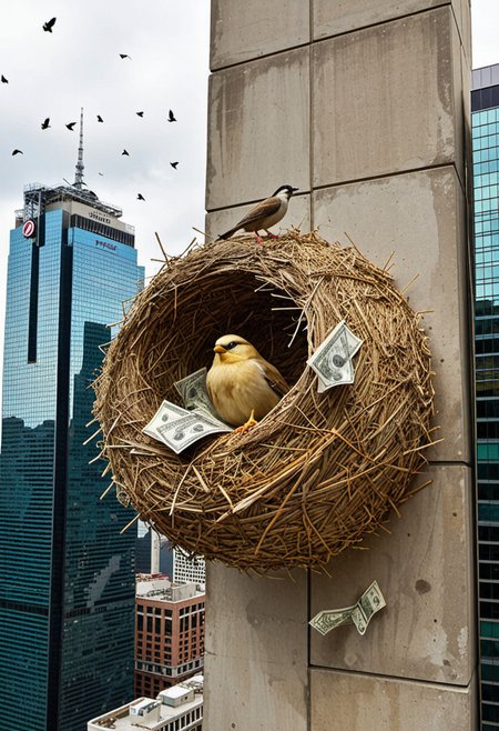 , Trompe l'oeil street art mural of a giant straw nest perched precariously on a skyscraper, hyper-realistic textures of straw and concrete, tiny birds made of folded dollar bills flying in and out, painted to blend seamlessly with the actual urban environment, inspired by John Pugh's architectural illusions and Alexis Diaz's animal-based murals, forced perspective technique, ultra-sharp details, critique of capitalism and environmental impact, emotional keywords: vertigo-inducing, ironic, thought-provoking