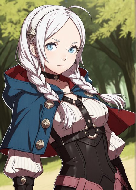 masterpiece, best quality, amazing quality, very aesthetic, absurdres, newest, detailed background, cowboy shot, outdoors, dynamic angle,
fireemblemxd, 1girl, harness, ahoge, hooded capelet, chest harness, braid, solo, twin braids, capelet, hairband, hood, leather, bangs, breasts, blue eyes, long hair, medium breasts, upper body, bridal gauntlets, twintails, parted bangs, white hair, white hairband, buttons, closed mouth, turtleneck, low twintails, choker, hood down
looking at viewer, dynamic pose, 
 <lora:Fire_Emblem_Style:1>