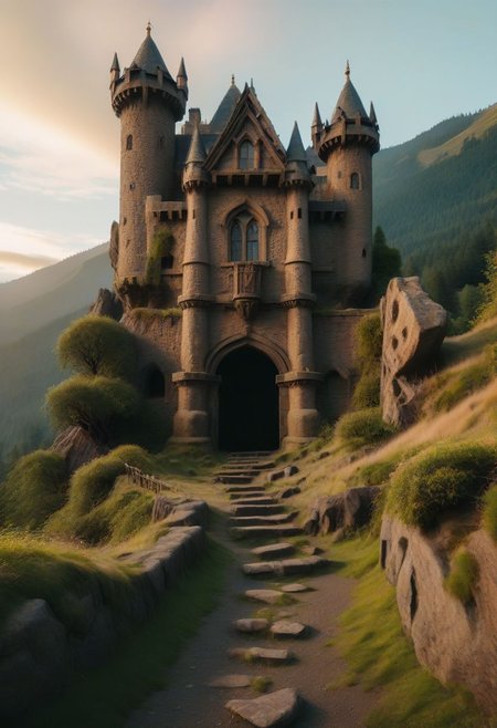 raw photo, a sunset landscape, oregon mountains, forested ravine cliffs, cozy, photorealistic, abandoned Towering Stone gateway entry into dark the side of cliff, dwarven, high fantasy style, high detailed texture, 8k uhd, dslr, soft lighting, high quality, film grain, Fujifilm XT3, Sony A7 IV, highly detailed photography, (muted colors, cinematic, dim colors, soothing tones:1.2), vibrant, insanely detailed, hyperdetailed, (dark shot:1.2), (vsco:0.3), (intricate details:0.9), (hdr, hyperdetailed:1.2) (highest coherency: 1.39) (highest quality: 1.39) (rule-of-thirds) (award-winning) (masterclass) (highest resolution: 1.39) (castle architecture built into cliff) (starfort: 1.1) (protruding from hillside)