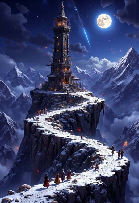 high quality, ultra detailed, colorful, abstract, fantasy, aidmaMJ6.1, bo-abyss, A D&D group of adventurers travelling in a fantasy world, arriving at a magicianâs tower on the top of a snowed mountain. The tower looks like a fantasy medieval strata observatory. It is night and there are a lot of stars, a meteor far away and a full light moon in the sky. <lora:aidmaMJ6.1v0.4:0.8> <lora:digital-abyss:1>  <lora:FluxMythP0rtr4itStyle:0.7>