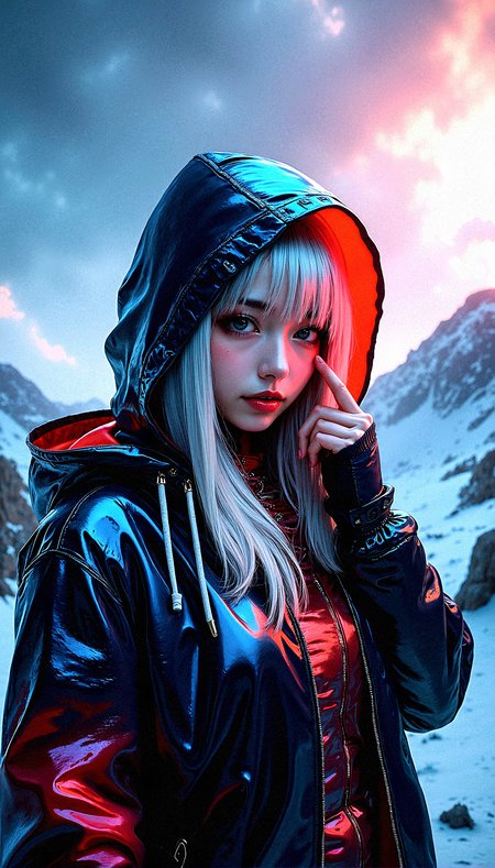A mysterious beauty is the focal point of this intricate digital artwork, her shining silver hair barely visible beneath a stylish hooded jacket with neon lining. The jacket is made of a reflective, almost metallic material that catches and refracts light in complex ways, creating a visually stunning texture. The figure’s eyes are hidden in the shadows of the hood, adding to the air of mystery and intrigue. The background features a dramatic, on a cold mountain summit, cloud-filled sky, rich with vibrant colors and swirling patterns, as if nature itself is in turmoil or transition. The lighting is intense, with beams of light cutting through the clouds, casting dynamic shadows across the figure’s face and clothing. The overall composition is highly complex, with rich, saturated colors and extreme detail, making every element—from the texture of the jacket to the vibrant sky—stand out with striking clarity and depth.

Fingers lightly touching the temples, indicating concentration