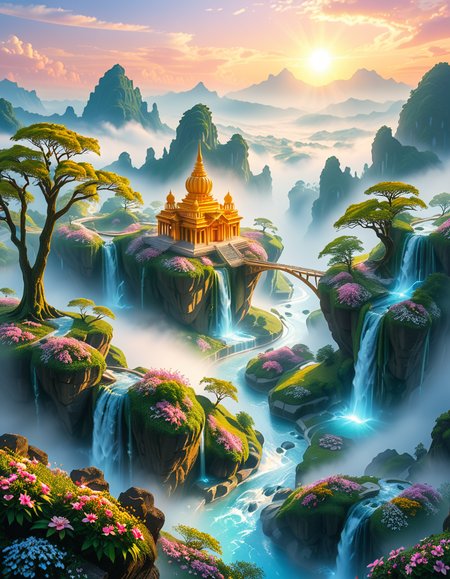 A mesmerizing celestial background featuring an otherworldly paradise. Towering crystalline mountains with peaks that glow softly under a sky painted in shifting hues of iridescent blues, pinks, and golds. Rivers of liquid light flow through vast, open meadows filled with luminescent flowers that pulse with a gentle glow. Gigantic, translucent trees with silver leaves sway in a breeze that carries floating particles of golden dust. Suspended bridges made of shimmering energy connect ancient, floating monoliths engraved with intricate celestial patterns. In the distance, an enormous radiant waterfall cascades into a bottomless, mist-covered abyss, reflecting the surrounding ethereal glow. A tranquil atmosphere, untouched and divine, filled with an overwhelming sense of wonder and serenity.
<lora:SDXLFaeTastic2400:0.4> <lora:extremely_detailed:0.4> extremely detailed, <lora:heavenly_l4ndsc4p3:1>,heavenly l4ndsc4p3, Masterpiece,best quality,hi res,8k,hi res,8k,award winning,(sharp focus, intricate, highly detailed),