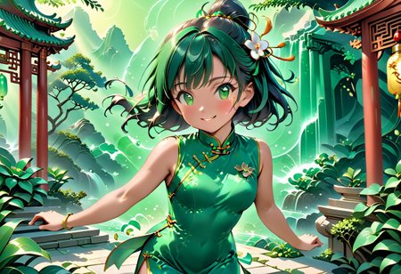 score_9, score_8_up, score_7_up, score_6_up, 1girl, petite body, 19yo beatifull, chinese girl, wearing green Cheongsam , fighting stance,  cute , shy, smile, background: chinese temple made out of jade, detailed background,  refreshing, dynamic lighting, dramatic and magical,